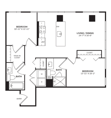 Floor plan for 2 beds, 2 baths, 1095 sqft